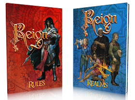 the blue book cover with full color art of a diverse cast of characters and the red cover with the same warrior, a dark skinned person in red and blue