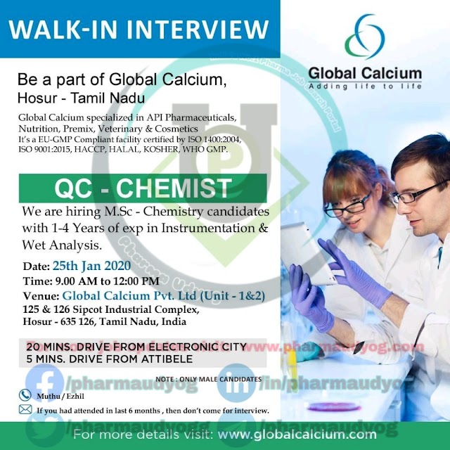 Global calcium | Walk-in for QC on 25 Jan 2020 | Pharma Jobs in Hosur