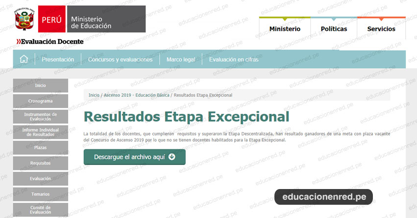 MINEDU: Resultados Etapa Excepcional Concurso de Ascenso 2019 (14 Enero 2020) www.minedu.gob.pe