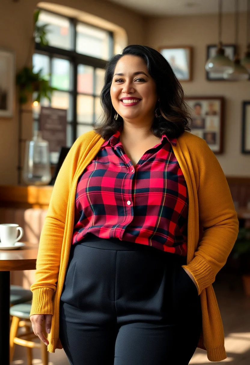 7. Plaid Blouse with Black Slacks and a Mustard Cardigan