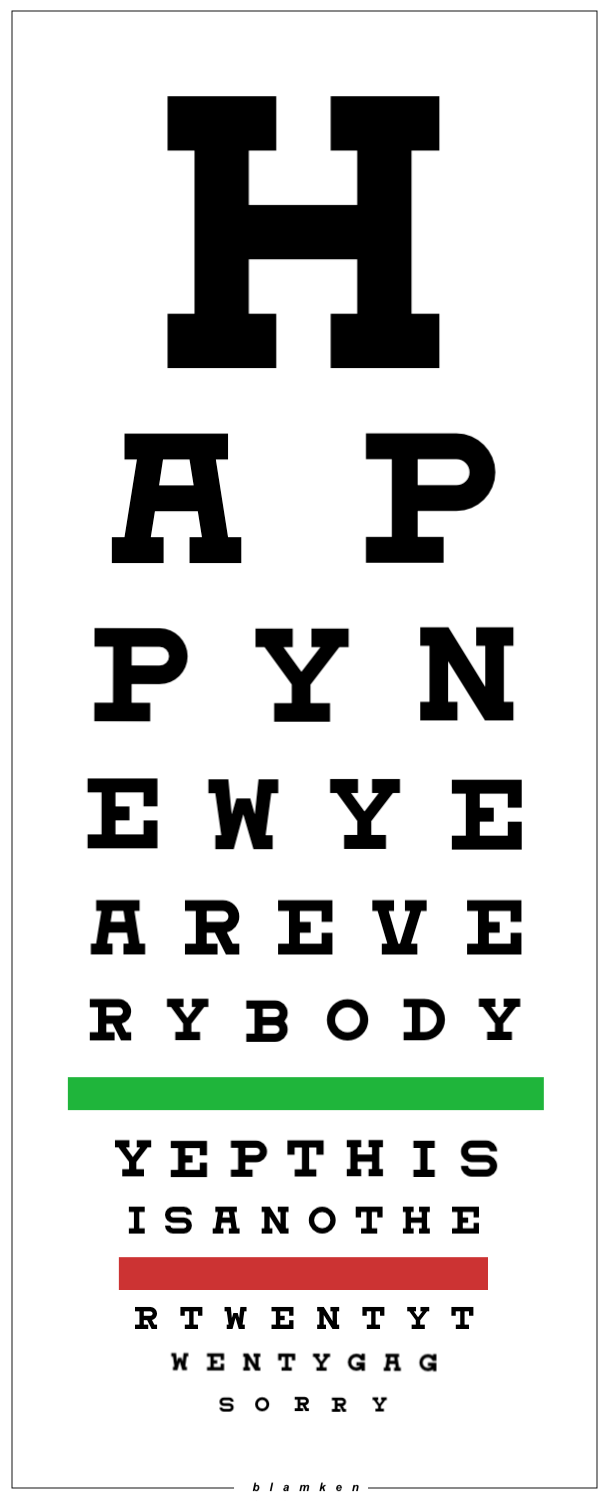 Fake eye-exam chart reading, from large to small type, HAPPY NEW YEAR EVERYBODY YEP THIS IS ANOTHER TWENTY-TWENTY GAG SORRY