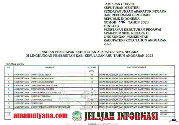 Rincian Formasi Kebutuhan ASN PPPK Kabupaten Kepulauan Aru Provinsi Maluku Tahun Anggaran 2023