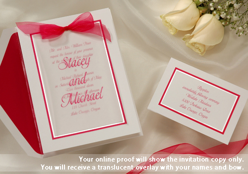 A vibrant sheer hot pink bow is included in this overlay invitation