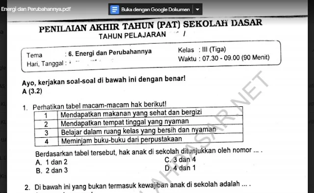 Soal Ulangan Semester 2 Kelas 3 Tema 6 Energi dan Perubahannya