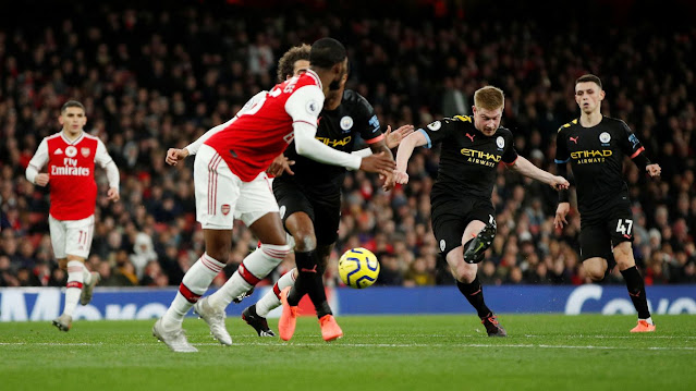 Kevin De Bruyne in action as he scores twice for Man City against Arsenal at the Emirates