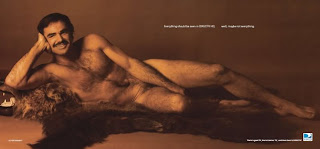 Burt Reynolds reprinted from Cosmo for a DirectTV ad without cigarette or ashtray but still a lot of body hair