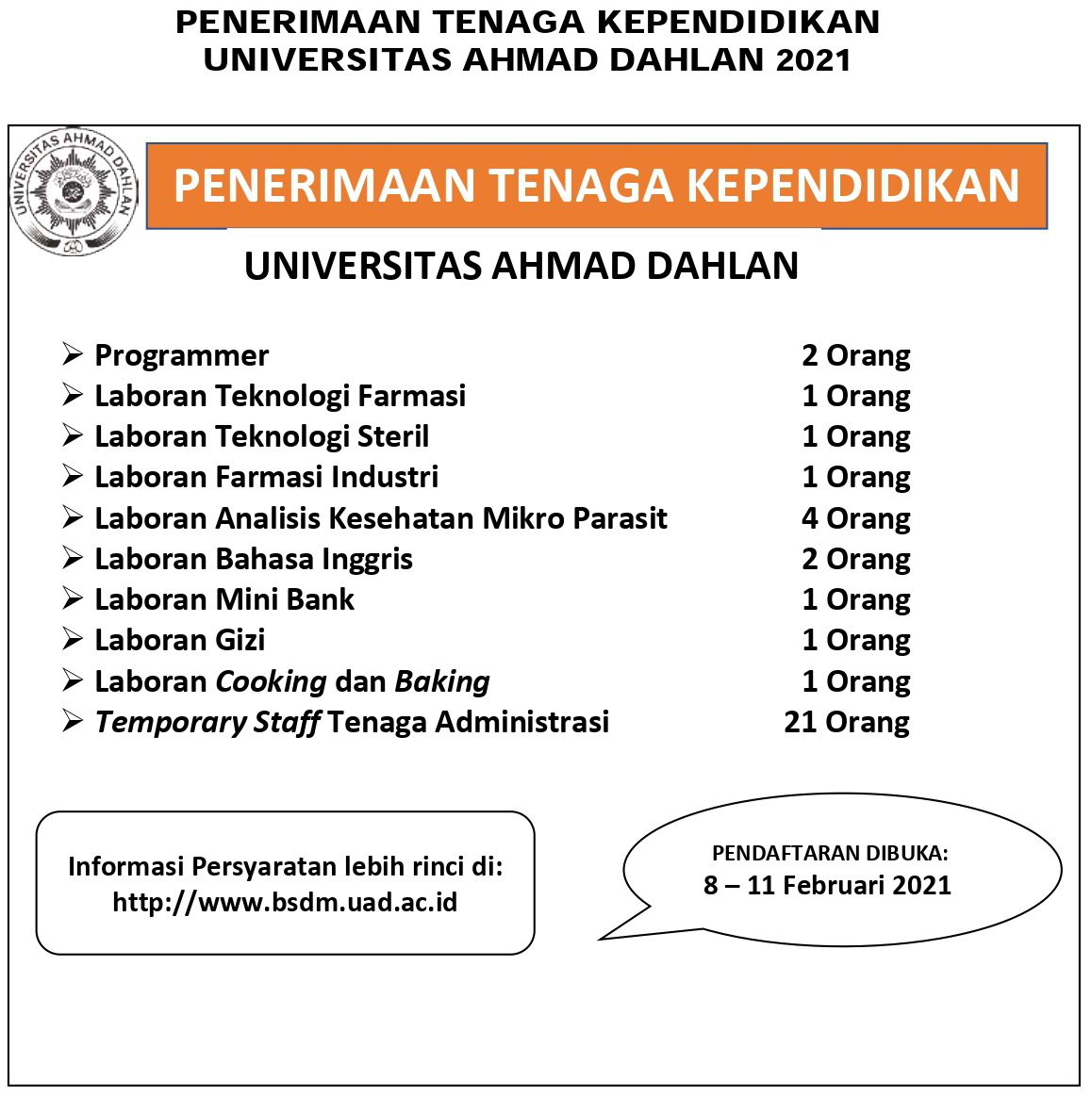 Rekrutmen Dosen, Tenaga Kependidikan dan Temporary Staff Universitas Ahmad Dahlan Tahun 2021