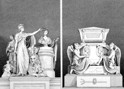 Monuments to Major General Dundas (left) and Captains Moss and   Riou (right)  in St Paul's Cathedral from The Monuments and Genii   of St Paul's  Cathedral and of Westminster Abbey by GL Smyth (1826)