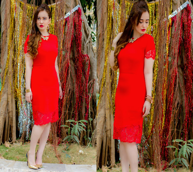 Red pencil dress with lace