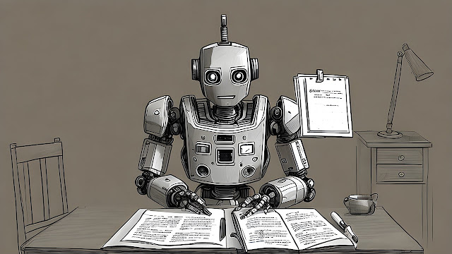 A robot working on a document