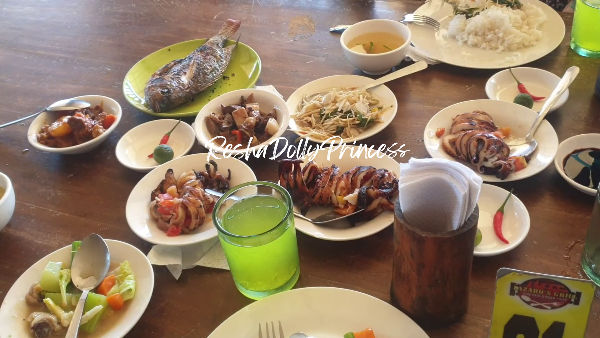 Lazaro's Grill Lingayen Squid, tilapia, Igado(pork liver dish), caldereta, barbeque, ginisang labong ( bamboo shoots)