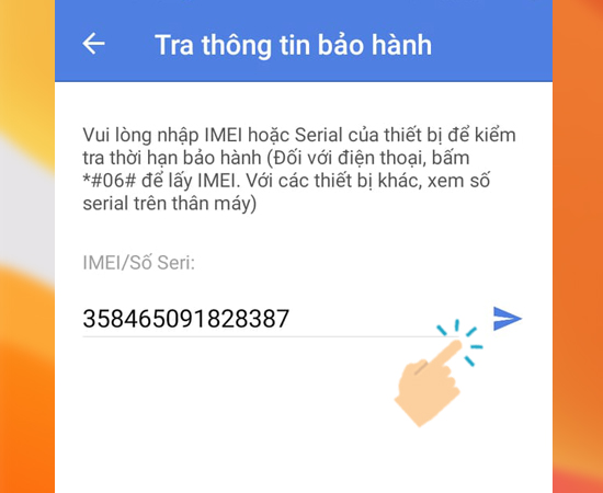Bước 3: Sau đó bạn hãy nhập số IMEI và gửi để xem thời gian bảo hành.
