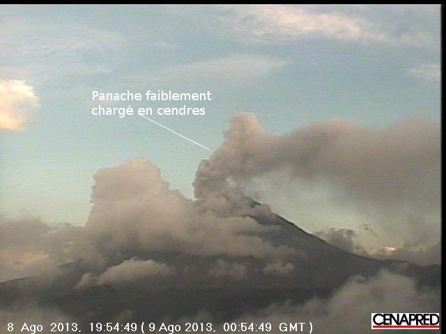 Panache de cendres du volcan Popocatepetl, 08 août 2013