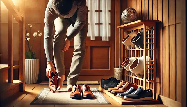 A person removing their shoes at the entrance of a cozy home, following traditional etiquette. The home features a warm wooden floor, a neatly arranged shoe rack, and soft lighting, emphasizing cleanliness and cultural practice.