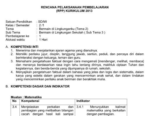 Download Contoh RPP Kelas II Tema 2 Subtema 3 semester 1