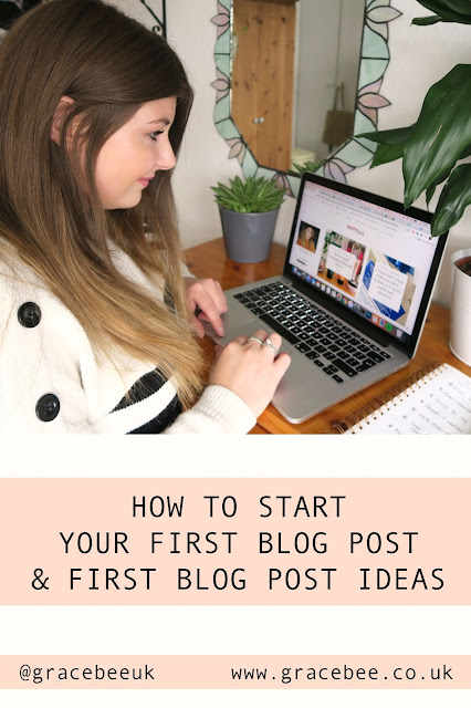 Grace is sat to her desk. She is looking down at her laptop. Text below her reads "How to start your first blog post & first blog post ideas"
