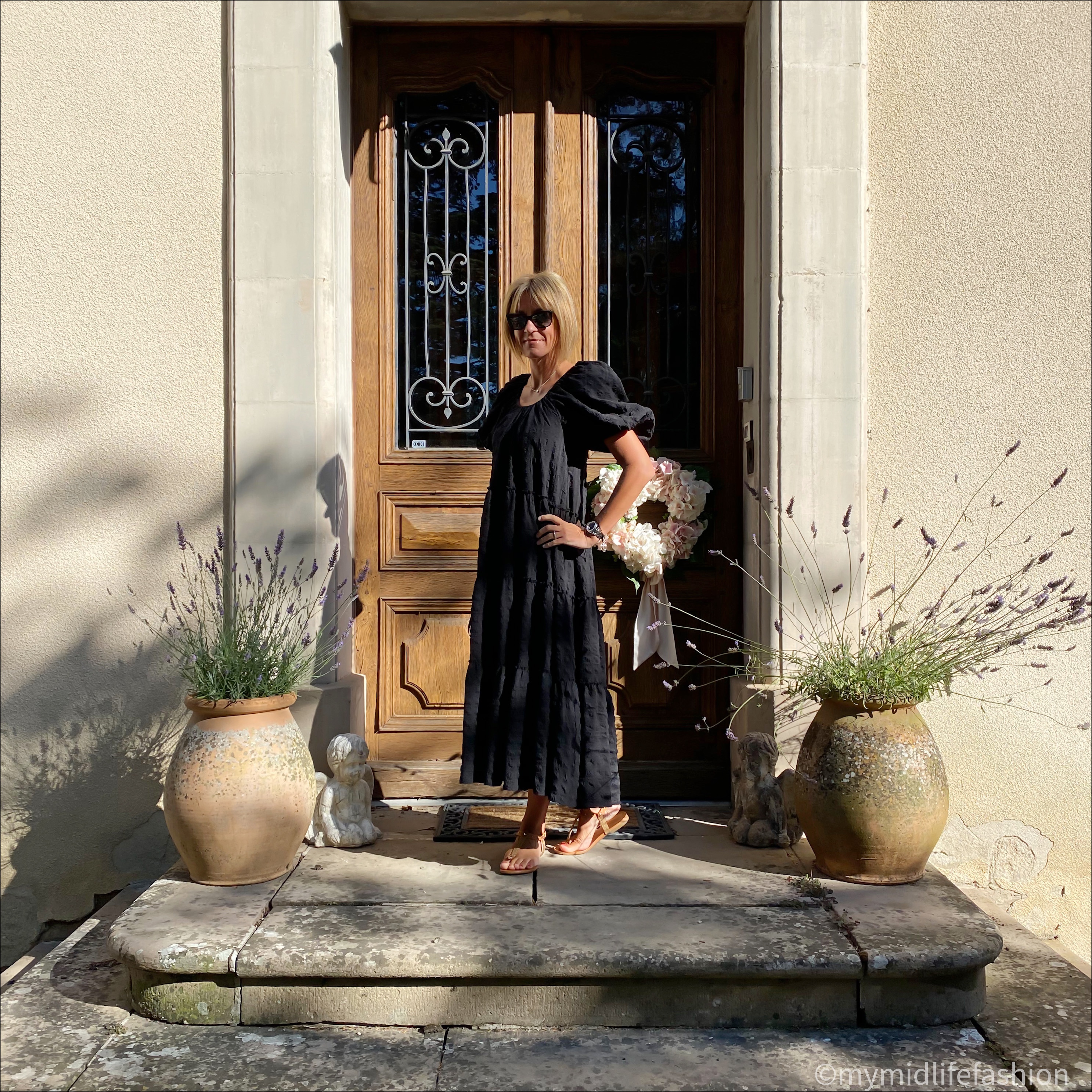 my midlife fashion, zara voluminous maxi dress, carvela thong sandals