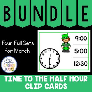 Time to the Hour and Half Hour Clip Cards March Bundle
