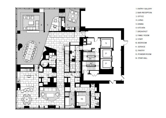 Floor plan of upper floor of Bloomberg Tower penthouse