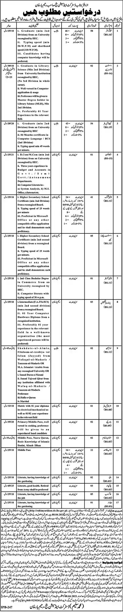 Latest Jobs in Pakistan District and Session Court Rahim Yar Khan Jobs 2021 | Download Application Form