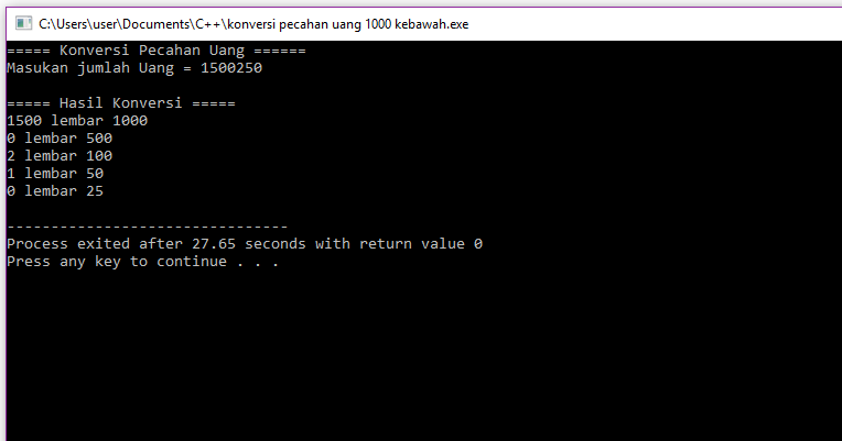 program c++ konversi pecahan uang