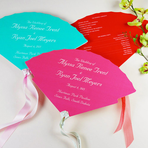 Help guests beat the heat with these wedding fan program favors