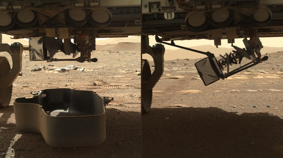 Debris shield deployed on the ground revealing Ingenuity tucked under the rover. Initiating deployment of Ingenuity’s body. NASA/JPL, Mars, sol 31 and 37, 2021.