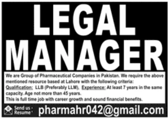 Legal manager required in Pharma Industry