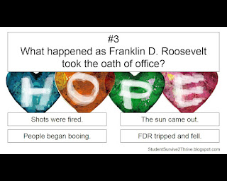 What happened as Franklin D. Roosevelt took the oath of office? Answer choices include: Shots were fired. The sun came out. People began booing. FDR tripped and fell.