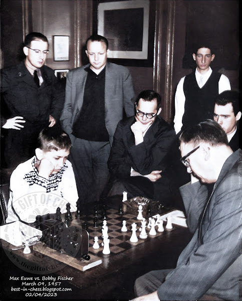 March 09, 1957. A photograph of the first of two games between Bobby Fischer and Dr. Max Euwe.