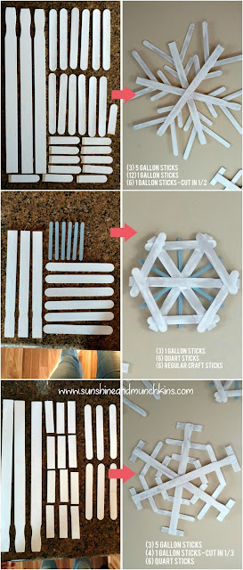 Paint and some glue turn these regular paint sticks into beautiful snowflakes for a fun and rustic piece of holiday decor!