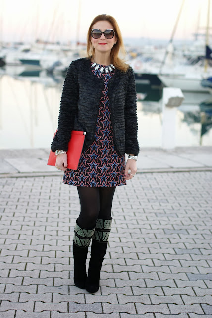 Zara starry print dress, fake fur jacket, rockstar look, Fashion and Cookies, fashion blogger