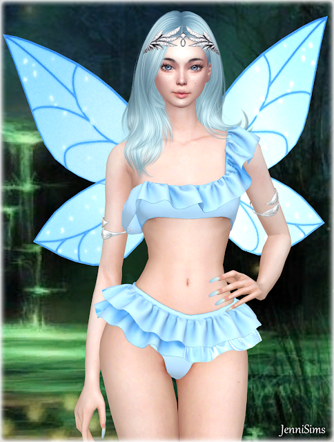 A sims 4 fairy princess in light blue bikini type outfit. 