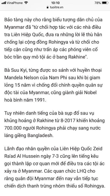 Bà Aung San Suu Kyi, lãnh đạo dân chủ của Myanmar, vừa bị bảo tàng Mỹ Holocaust rút lại giải thưởng nhân quyền. 