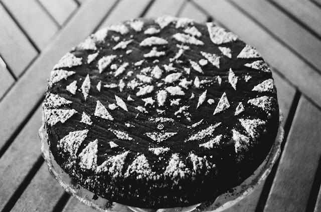 Chocolate Almond Snow Day Cake with Snowflake