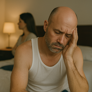 Bald man in a white tank-top sitting on bed, visibly distressed, with distant partner in background, representing emotional disconnect in a sexless marriage.