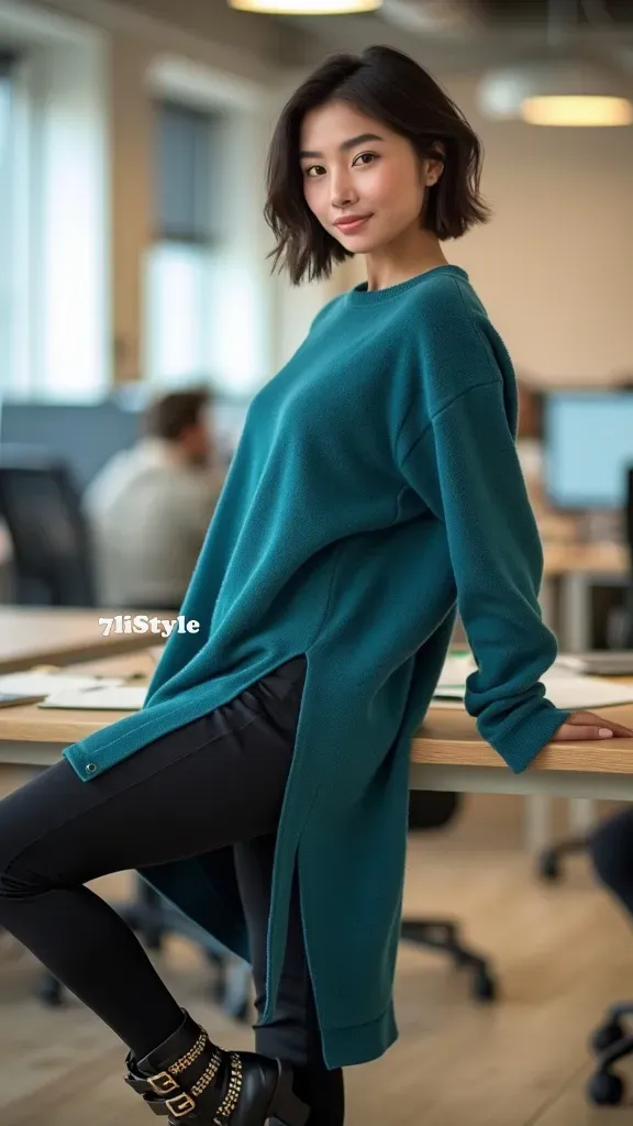 Young woman in fleece-lined leggings and tunic, perfect for cozy winter business casual.