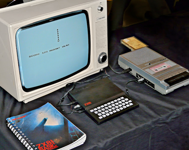 Typical ZX81 configuration with cassette recorder, monochrome TV and manual