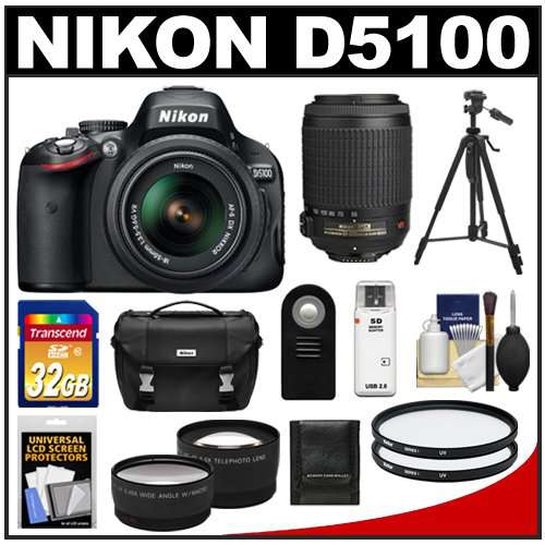 Nikon D5100 Digital SLR Camera & 18-55mm G VR DX AF-S Zoom Lens with 55-200mm VR Lens + 32GB Card + .45x Wide Angle & 2.5x Telephoto Lenses + Remote + (2) Filters + Tripod + Accessory Kit