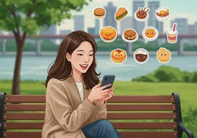 과거 배달 전단지와 현재 스마트폰 배달 앱을 사용하는 한국 여성을 비교하여 배달 앱의 성공적인 변화를 보여주는 일러스트.