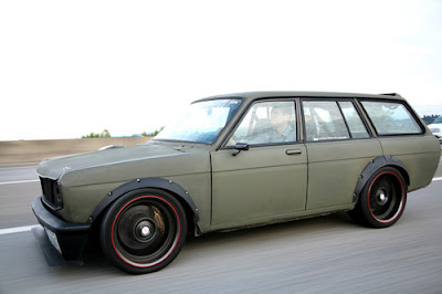 Acura  West on Datsun 510  Flat Olive Drab  With A Giant Single Turbo 2jz  Stopping