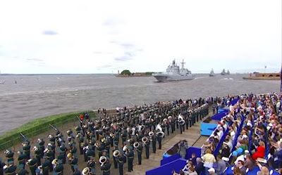 Russian navy ships set sail on River Neva in St. Petersburg during a naval parade to celebrate the Russian Navy Day on July 25.