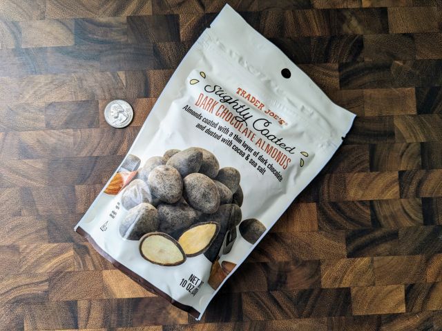 Trader Joe's Slightly Coated Dark Chocolate Almonds bag
