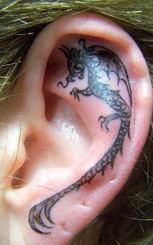 Women Ear With Dragon Tattoos, Dragon Tattoos On Women Ear, Women With Dragon Tattoos Designs On Ear, New Designs Of Women Ear With Small Dragon Tattoos, Women, Dragon Tattoos,