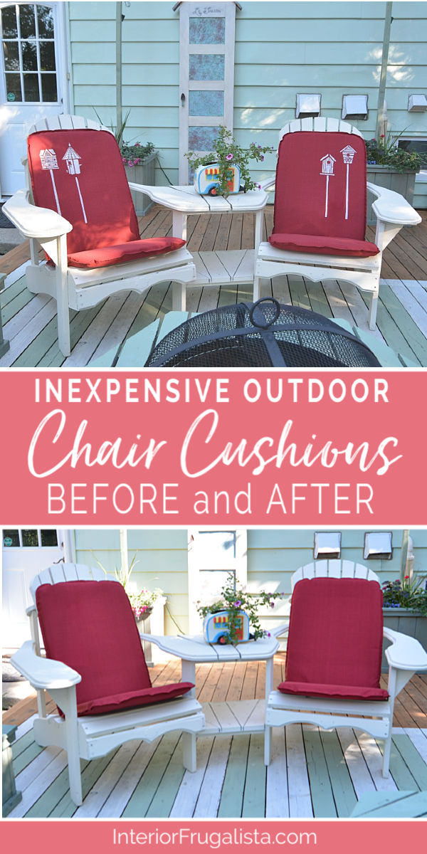 How to turn inexpensive outdoor chair cushions from drab to fab in less ten minutes into lovely one-of-a-kind cottage style with birdhouse stencils. #patiofurnituremakeover #outdoordiyprojects #outdoordecor