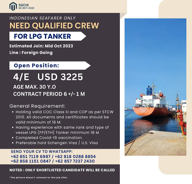 Need Qualified Crew for LPG Tanker 4th Engineer 2023