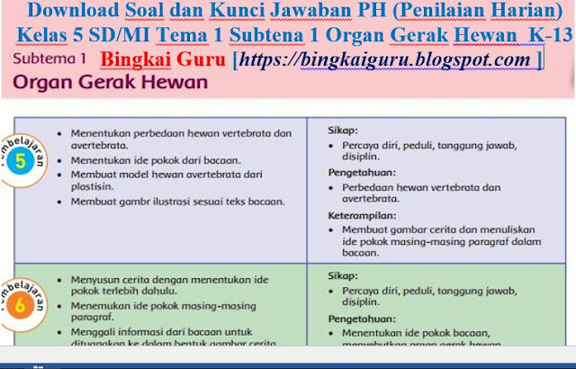 Download Soal dan Kunci Jawaban PH (Penilaian Harian) Kelas 5 SD/MI Tema 1 Subtena 1 Organ Gerak Hewan  K-13, https://bingkaiguru.blogspot.com