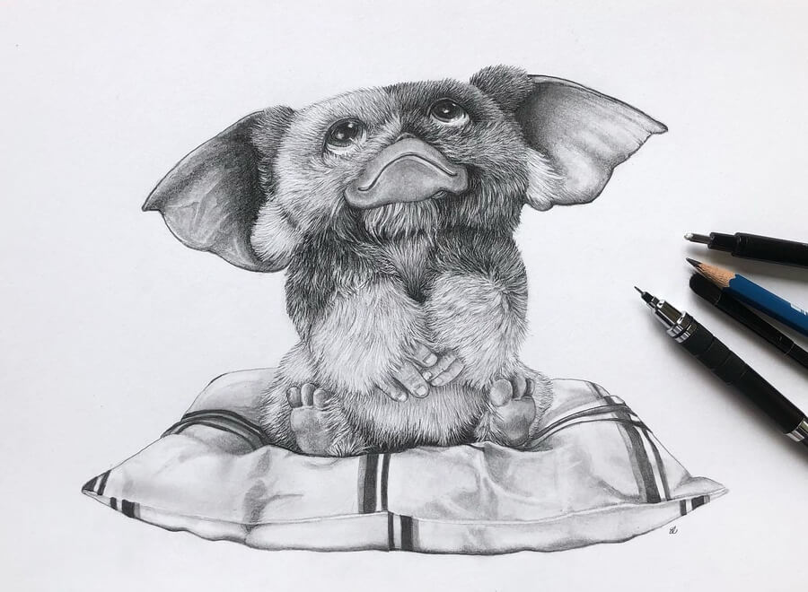 02-Gismo-the-Mogwai-gremlins-Animal-Pencil-Drawings-Elayne Fong-www-designstack-co
