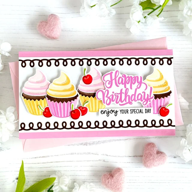 Sunny Studio Stamps: Scrumptious Cupcakes Birthday Card by Leanne West (featuring Icing Border Dies, Inside Greetings)