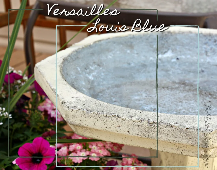 Versailles and Louis Blue chalk paint used on concrete bird bath.